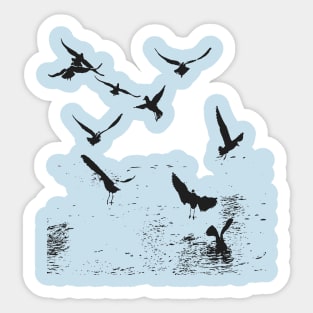 Silhouette Of A Flock Of Seagulls Scavenging Black Sticker